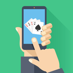 Poster - 4 aces playing cards on smartphone screen. hand hold smartphone, finger touch screen. cellphone poke
