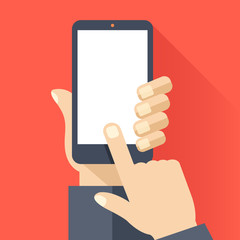 Poster - Smartphone with blank white screen. Hand hold smartphone, finger touch screen. Cellphone template. Modern flat design vector illustration