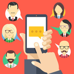 Poster - Message icon on smartphone screen and people avatars. Chat, social network, instant messaging concepts. Modern flat design. Creative flat vector illustration