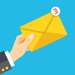 Poster - Hand holds envelope with notification. Email, letter, correspondence, new e-mail message, incoming messages concepts. Flat design vector illustration