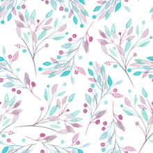 Seamless Pattern With The Watercolor Pink, Mint And Purple Leaves And Branches On A White Background, Wedding Decoration, Hand Drawn In A Pastel