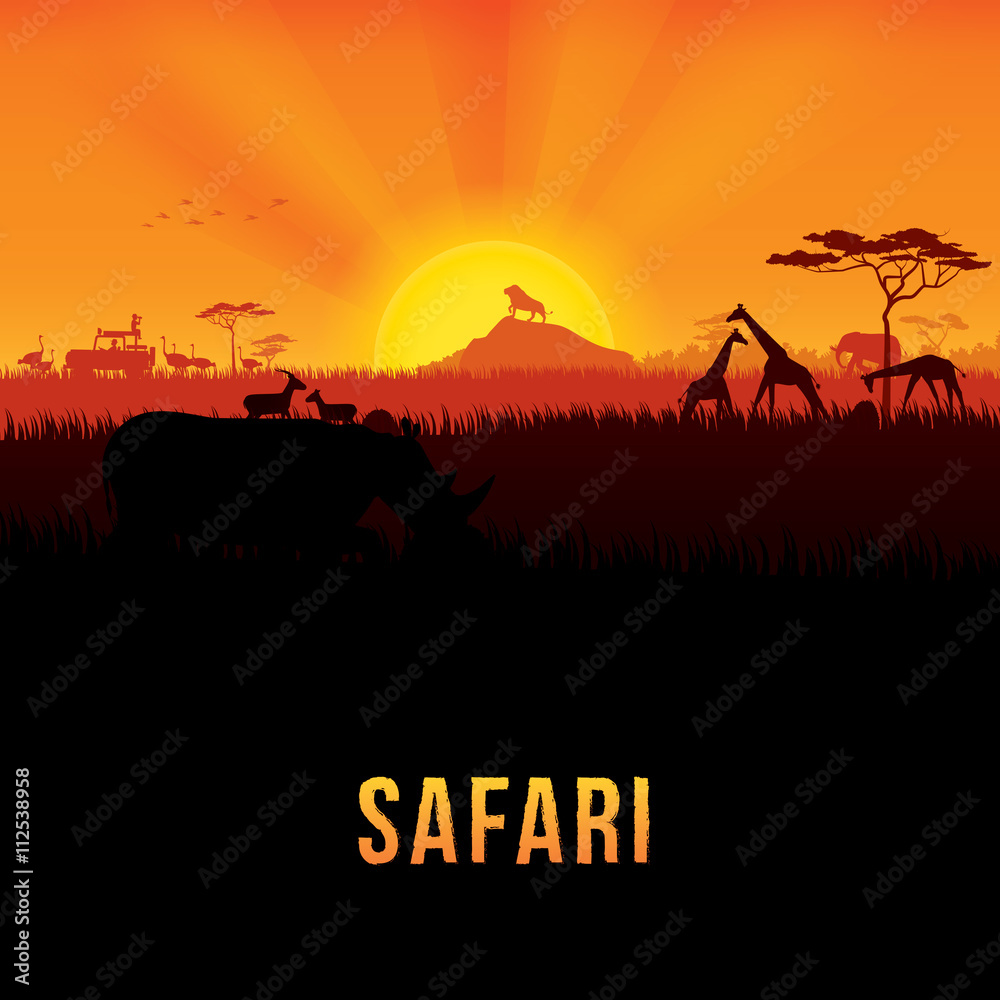 Vector illustration of Africa landscape with wildlife and sunset background. Safari theme - obrazy, fototapety, plakaty 