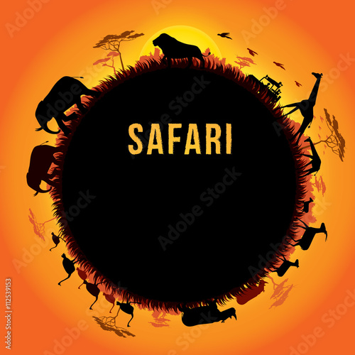 Vector illustration of Africa landscape with wildlife and sunset background Poster