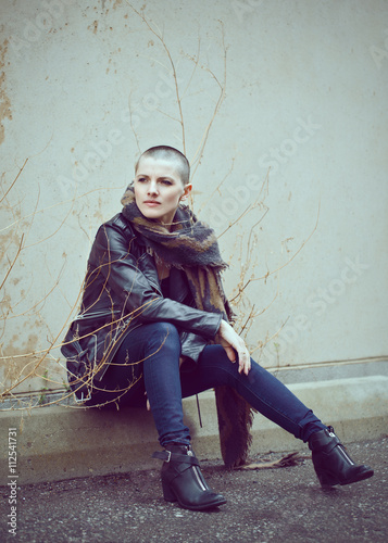 Portrait Of Beautiful Caucasian White Young Bald Girl Woman