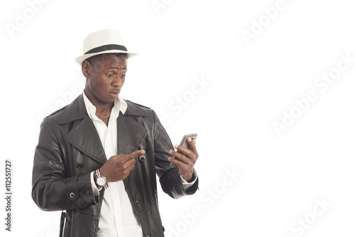 Young african american man using a mobile phone Poster