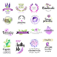 Wall Mural - Set of hand drawn watercolor signs for beauty and cosmetics. Vector illustrations for graphic and web design, for natural and organic products, healthy life, beauty care.