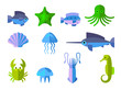 set of flat icons with aquatic animals