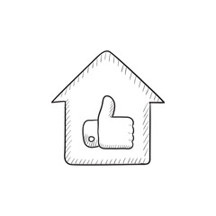 Poster - Thumb up in house sketch icon.