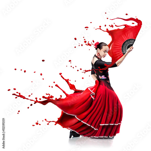 young woman dancing flamenco with paint splashes isolated on whit Poster