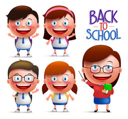 Wall Mural - Students and teacher vector character set of boys and girls in uniforms for back to school isolated in white background. Vector illustration
