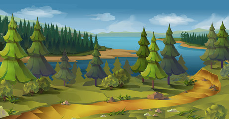 Wall Mural - Nature landscape, pine forest, vector background