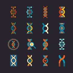 Wall Mural - DNA genetic vector flat icons set. Dna biotechnology sign, structure dna molecule illustration