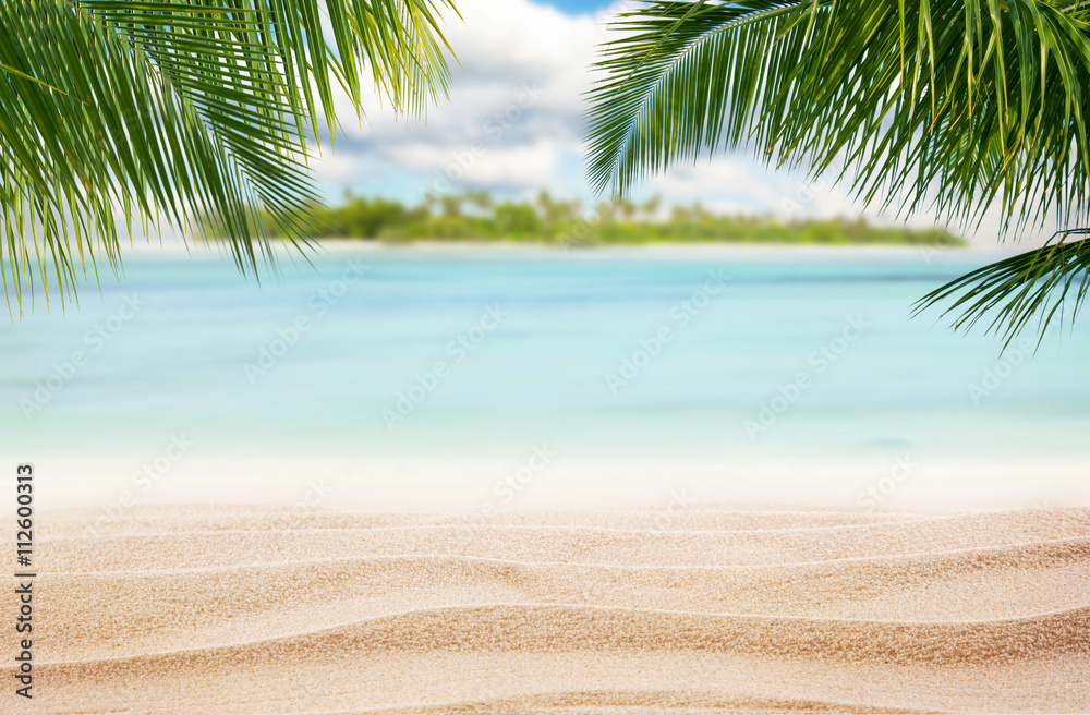 Sandy tropical beach with island on background - obrazy, fototapety, plakaty 