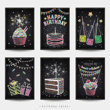 Set Of Birthday Invitation Cards. A Piece Of Birthday Cake With Candle And Gift
