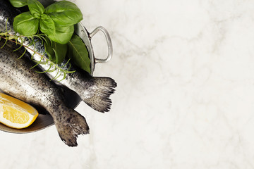 Wall Mural - Raw rainbow trout with lemon, herbs and spices