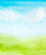 watercolor abstract sky, clouds and green grass background