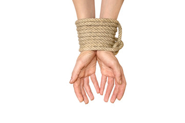 Hands tied with rope isolated on white