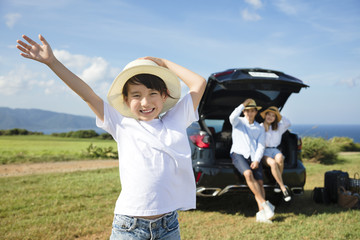 Wall Mural - happy Family with little girl travel by car