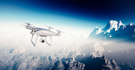 Wall Mural - photo white matte generic design modern remote control drone with action camera flying sky under ear