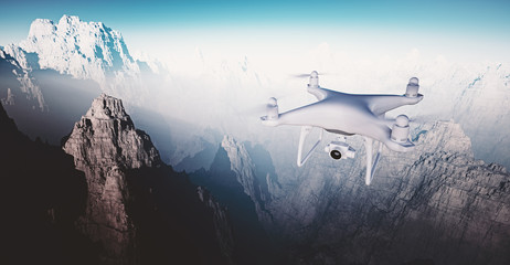 Wall Mural - image white matte generic design modern remote control drone with action camera flying sky under ear