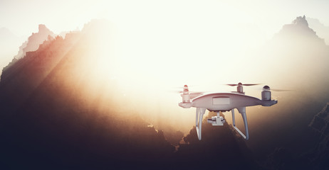 Wall Mural - photo white matte generic design modern remote control drone action camera flying in sky under earth