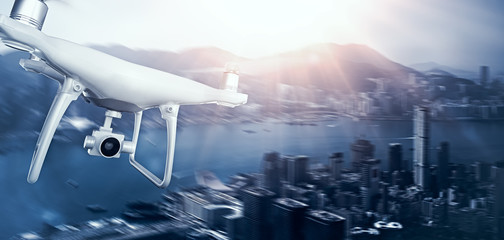 Wall Mural - photo white matte generic design remote control air drone with action camera flying sky under city. 
