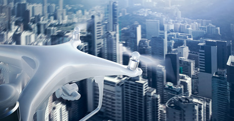 Wall Mural - closeup photo white matte generic design remote control air drone with action camera flying sky unde