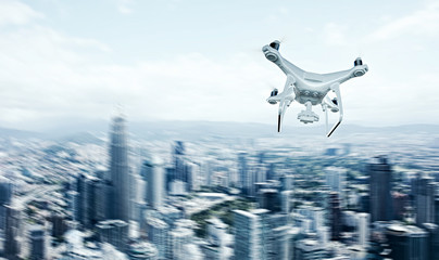 Wall Mural - photo white matte generic design remote control air drone with action camera flying sky under city. 