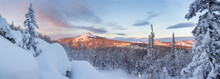 Panorama Of Winter Red Mountains On The Sunset