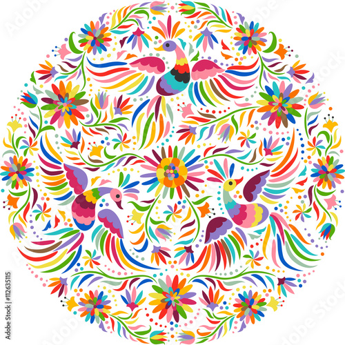 Fototapeta na wymiar Mexican embroidery round pattern. Colorful and ornate ethnic pattern. Birds and flowers light background. Floral background with bright ethnic ornament.
