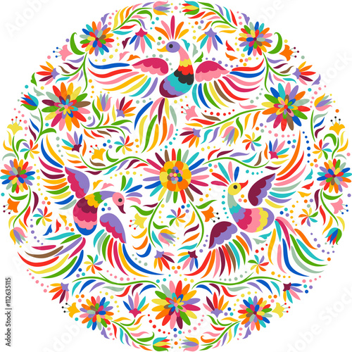 Naklejka dekoracyjna Mexican embroidery round pattern. Colorful and ornate ethnic pattern. Birds and flowers light background. Floral background with bright ethnic ornament.