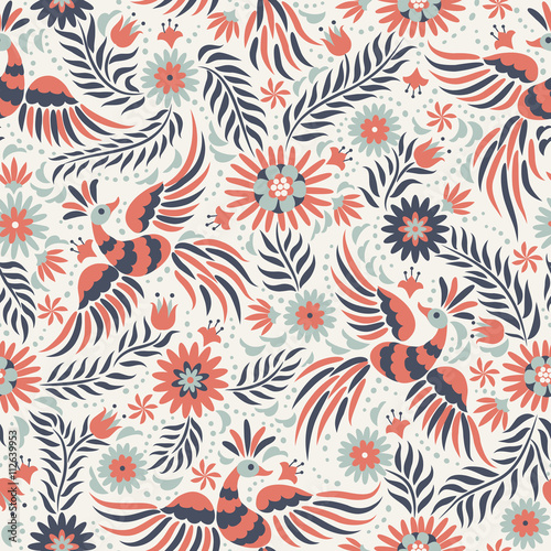 Cotton fabric Mexican embroidery seamless pattern. Colorful and ornate ethnic pattern. Red and black Birds and flowers on the light background. Floral background with bright ethnic ornament.