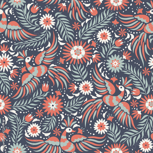 Cotton fabric Mexican embroidery seamless pattern. Colorful and ornate ethnic pattern. Birds and flowers on the dark red and black background. Floral background with bright ethnic ornament.