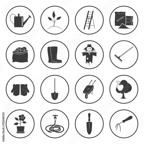 Set Of Garden Tools Round Icons Gardening Equipment Silhouette Agricultural Tool Vector Illustration Stock Vector Adobe Stock