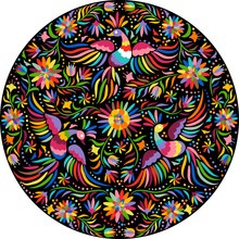 Mexican Embroidery Round Pattern. Colorful And Ornate Ethnic Pattern. Birds And Flowers On The Black Background. Floral Background With Bright Ethnic Ornament.