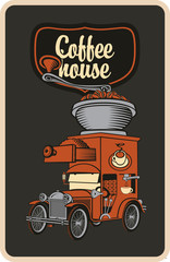 Wall Mural - retro banner with car and coffee grinder on roof