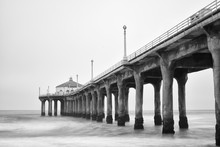 Black And White Photo Of Manhattan Beach Pier, California.