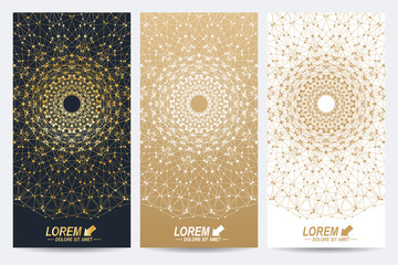 Poster - Modern set of vector flyers. Molecule and communication background. Geometric abstract round golden forms. Connected line with dots. Graphic composition for medicine, science, technology, chemistry.