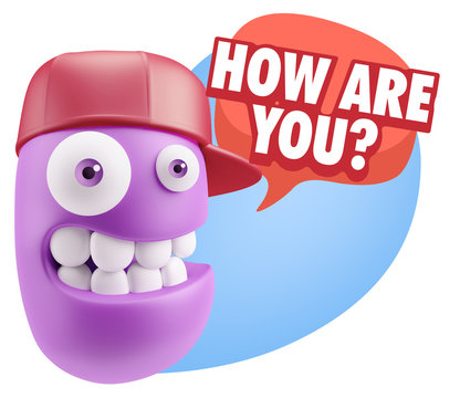 3d Rendering Smile Character Emoticon Expression saying How Are