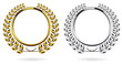 © iaroslavka - Detailed round silver and golden laurel wreath award set isolated on white background. Gold and platinum ring element. Victory, honor achievement, quality product, anniversary. Vector illustration