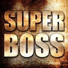 super boss, 3D rendering, metal text on rust background