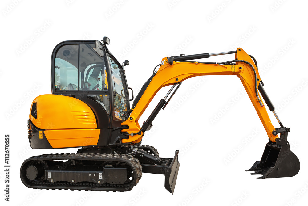 Small or mini excavator isolated with clipping path - obrazy, fototapety, plakaty 