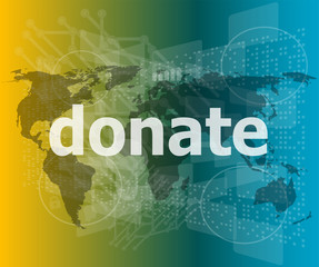 Poster - business concept: words donate on digital touch screen vector quotation marks with thin line speech bubble. concept of citation, info, testimonials, notice, textbox