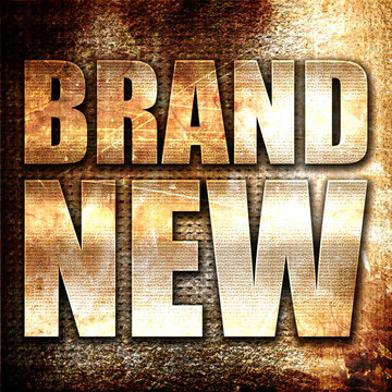 brand new, 3D rendering, metal text on rust background