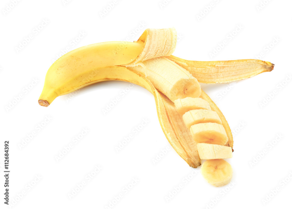 Freshly sliced banana on white background