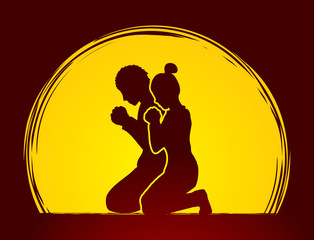Wall Mural - Man and Woman pray together designed on moonlight background graphic vector