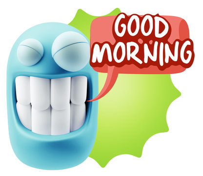 3d Rendering Smile Character Emoticon Expression saying Good Mor