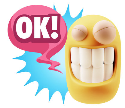 3d Rendering Smile Character Emoticon Expression saying Ok with