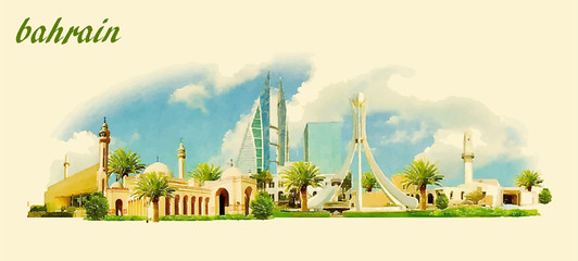 Wall Mural - BAHRAIN city panoramic vector water color illustration
