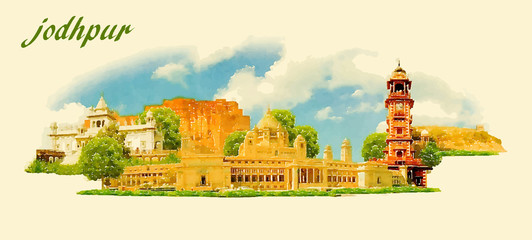 Wall Mural - JODHPUR city panoramic vector water color illustration